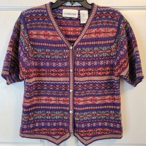 Vintage Donnkenny Casuals Multicolor Nordic Print Short Sleeve ButtonUp Cardigan